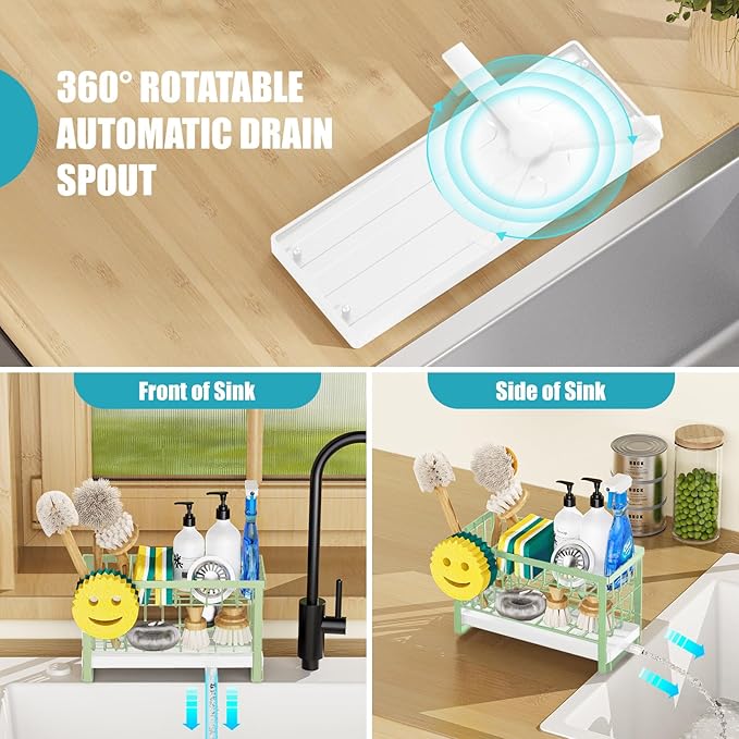 Sponge Holder for Kitchen Sink with Flexible Smiley Face, 2 Tier Kitchen Sink Organizer, Countertop and Storage Essentials, Soap Dispenser Organizer, Home Decor Accessories - Green