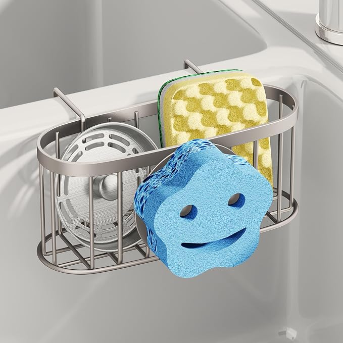 SWTYMIKI Sponge Holder for Kitchen Sink - Movable Sink Caddy with Smiley Face Sponge Holder, Rustproof Hanging Sponge Organizer in Double Bowl Sinks Depth>3.15in, Middle Divider<1.5in, Sand Nickel