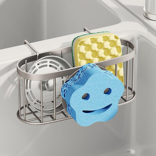 SWTYMIKI Sponge Holder for Kitchen Sink - Movable Sink Caddy with Smiley Face Sponge Holder, Rustproof Hanging Sponge Organizer in Double Bowl Sinks Depth>3.15in, Middle Divider<1.5in, Sand Nickel