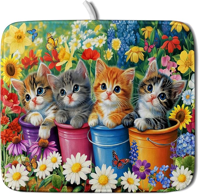 Funny Absorbent Dish Drying Mat Spring Cat Dish Drying Mats for Kitchen Counter Small