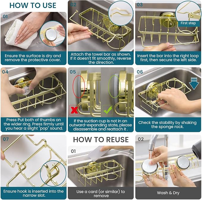 TAILI 4-in-1 Sink Caddy with Strong Suction Cup, Sponge Holder for Kitchen Sink Organizer, Removable, Rustproof, Stainless Steel Holder for Sponge, Brush, Scrubber, Scraper - Gold