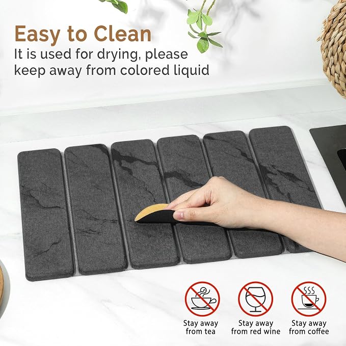 Small Stone Dish Drying Mat for Kitchen Counter, 2 PCS 16"×12" & 8"x4" Quick Dry Stone Mats, Foldable Water Absorbing Diatomaceous Earth Drying Dish Pad for Countertop Bottles Utensils Cups(Dark Gray)
