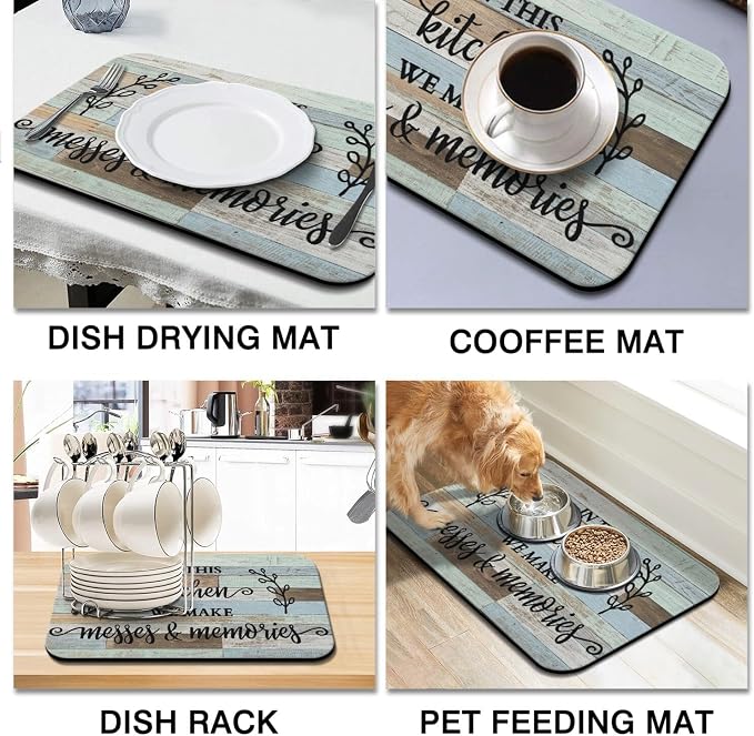 Dish Drying Mat 2-Pack in Kitchen Rules for Kitchen Counter Dishes Mat | Diatom Mud Mats (18x24, 19.5x12"). Non-slip rubber back for kitchen counter, coffee bar & sink scenes