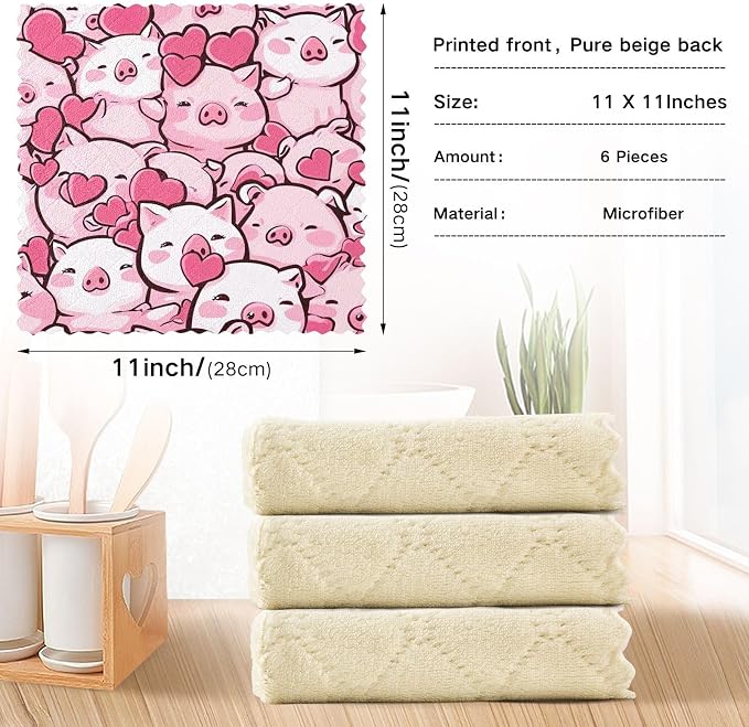STAYTOP Cute Kawaii Pigs Kitchen Dish Cloth, 6 Pack Super Absorbent and Soft Nonstick Oil Dish Towels, Reusable Cleaning Cloths 11" x 11"
