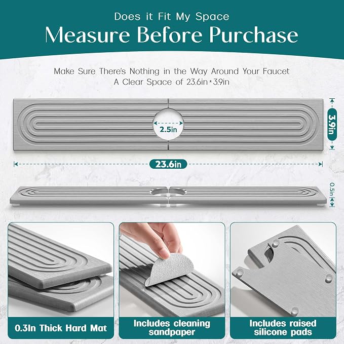 eormoe Kitchen Faucet Absorbent Mat - Diatomaceous Earth Splash Guard for Sink Faucet, Aesthetic Water Absorbing Stone Tray in The Modern Home [Grey, 23.6" x 3.9"]