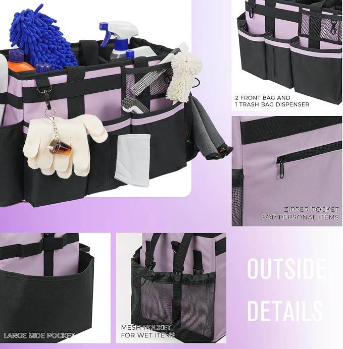 SCAVATA Wearable Cleaning Caddy, Cleaning Caddy Supplies Organizer with Handle & Shoulder Straps for Housekeepers, Under Sink & Car Cleaning Tool Organizers Bag with 4 Foldable Divider (Lilac)