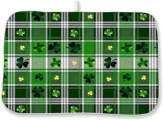 St Patricks Day Dish Drying Mat 18x24 Inch Green Lucky Shamrock Buffalo Plaid Drying Mat Checkered Spring Holiday Absorbent Dish Drying Pad Dish Rack Drainer Mats for Kitchen Dining Counter