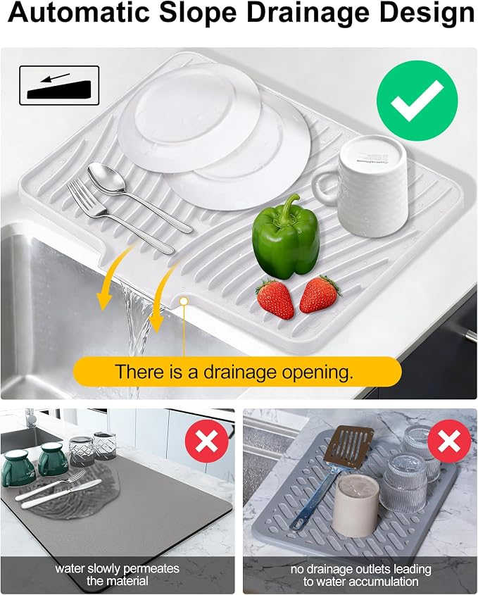 Silicone Dish Drying Mat for Kitchen Counter, Non-Slip Drain Pad with Built-in Drain, Heat Resistant Dish Drying Pad, Multi-Use Drying Mat, Dishwasher Safe & Hangable, White, 19.7" x 15"