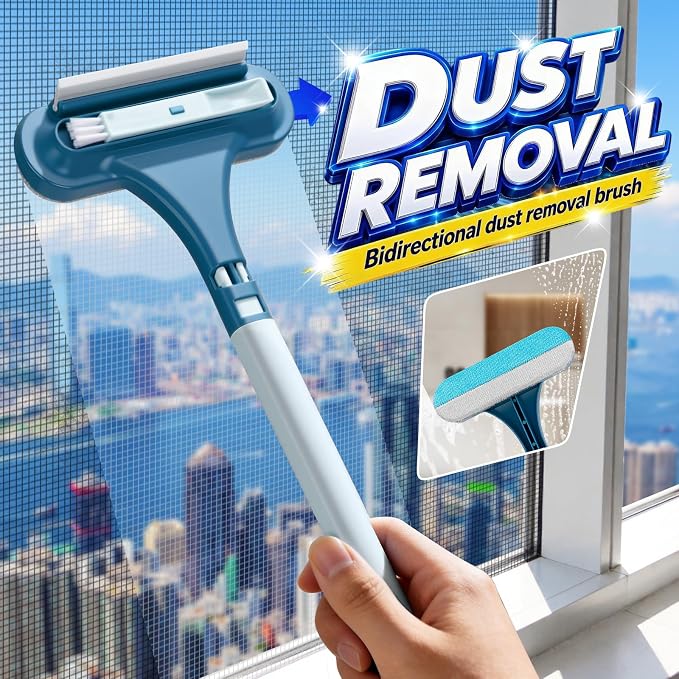 3-in-1 Screen Brush, Squeegee, Pet Hair & Crevice Tool, Cyan Blue | Wipes glass streak-free. Lifts hair from sofas & rugs, rinse & reuse, no refills. Detach for window tracks. Lightweight.