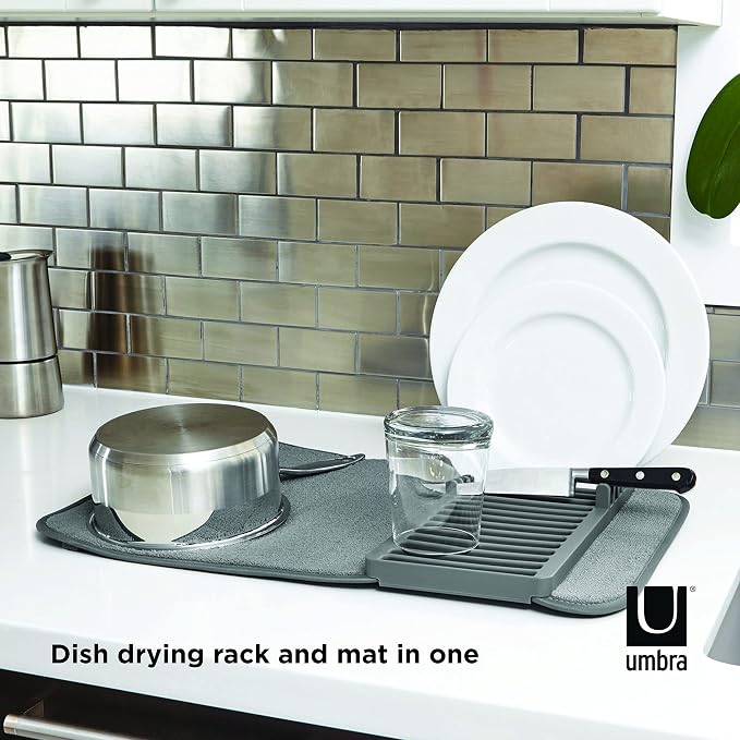 Umbra Udry Dish Rack and Microfiber Drying Mat – Space-Saving Design Folds Up for Easy Storage, Mini Rack, Gray