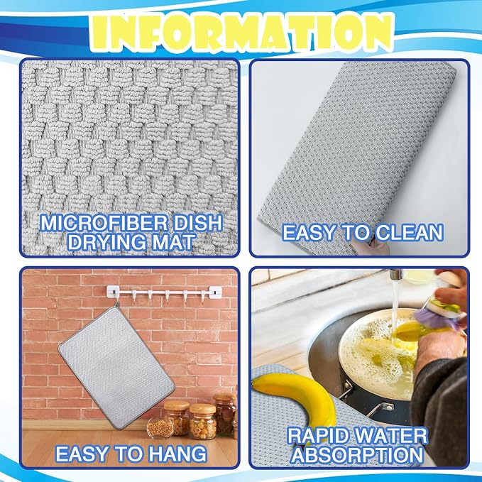 3 Pack Microfiber Dish Drying Mat,24 x 17 inch Super Absorbent Drying Pad,Large Size Dish Drying Mat for Countertops,Sinks,Draining Racks,Gray