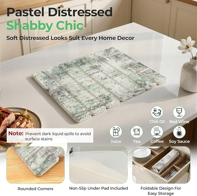 Findosom Stone Dish Drying Mat for Kitchen Counter, 15.7" × 11.8" Foldable Non-Slip Stone Drying Mat with Abstract Pattern, Heat Resistant Diatomaceous Earth Mat for Bath, Dishes, Cups, Green