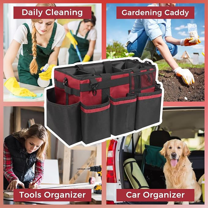 SCAVATA Wearable Cleaning Caddy, Cleaning Caddy Supplies Organizer with Handle & Shoulder Straps for Housekeepers, Under Sink & Car Cleaning Tool Organizers Bag with 4 Foldable Divider (Wine)