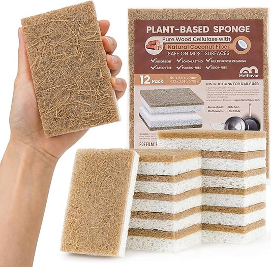 Metflavor Kitchen Sponges, 12 Count, Natural Non-Scratch Cellulose Sponge with Coconut Scrubber for Dishes, Biodegradable & Compostable, Non Toxic Cleaning Sponges for Kitchen, Bathroom, Household