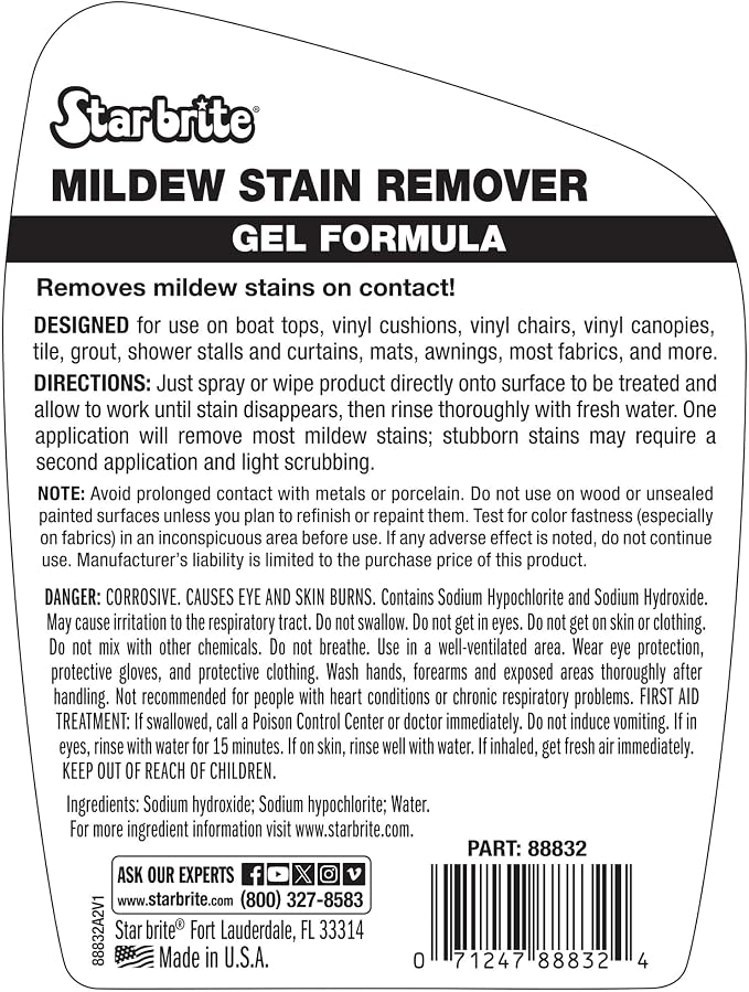 STAR BRITE Mildew Stain Remover Gel Formula for Boats, Vinyl, Tile, Grout, Fabrics & Outdoor Surfaces – Fast-Acting Mold & Mildew Cleaner that Clings to Vertical Areas