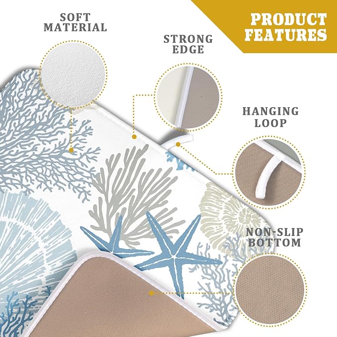 Nautical Dish Drying Mat for Kitchen Counter Coastal Seashell Starfish Summer Microfiber Absorbent Dish Draining Reusable Washable Foldable 16"x18"