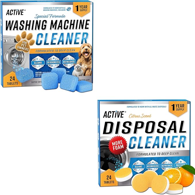 ACTIVE Washing Machine Cleaner for Pet Owners and Disposal Cleaner - Includes 24pk Pet Washer Cleaning Tablets and 24ct Garbage Disposal Cleaner Tabs