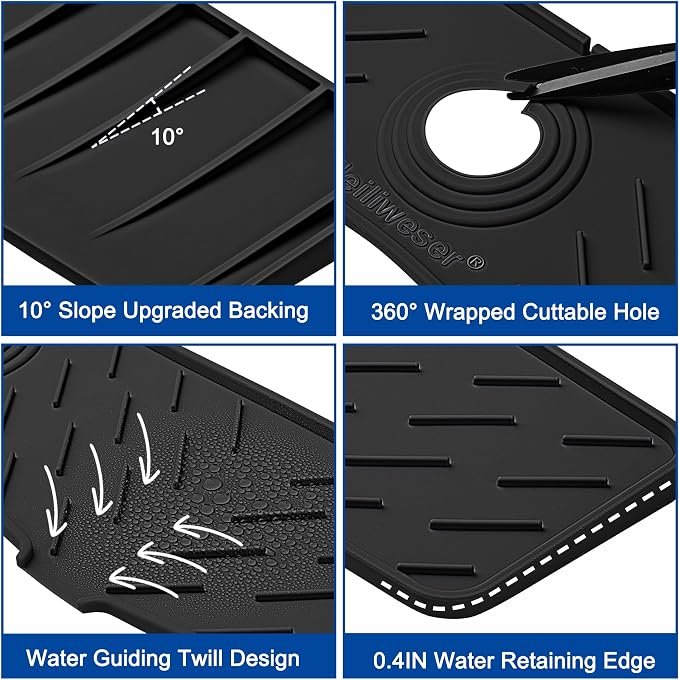 Faucet Mat for Kitchen Sink – 24” x 5.1” Extra-Long Silicone Splash Guard with 10° Slope & Upgraded Drainage – Gen 3 Sink Water Catcher & Sponge Holder for Kitchen, Bathroom (Black)