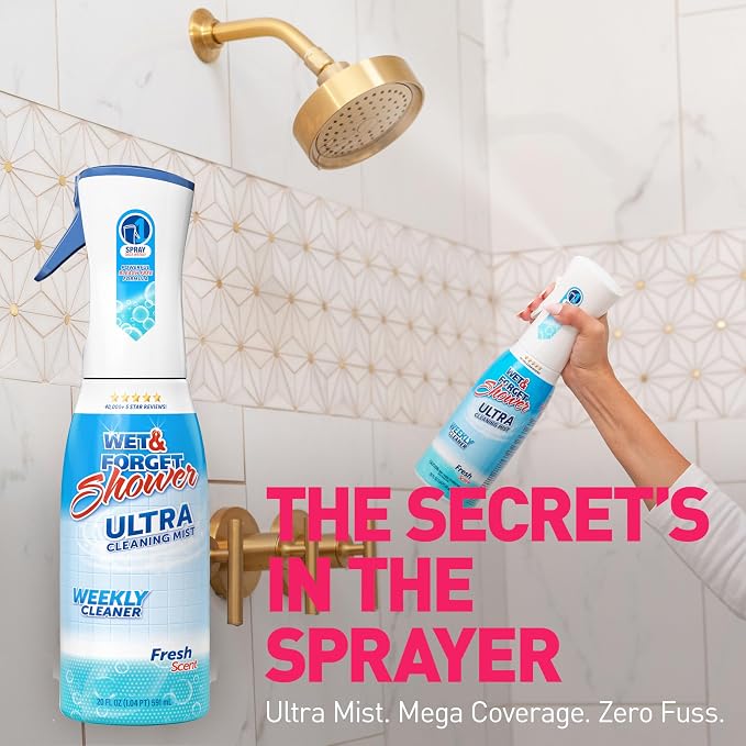 WET & FORGET Shower Ultra Cleaner Mist Fresh Scent No-Scrub Weekly Bathroom Spray for Fiberglass, Tile, Glass, Grout & More, 1 Spray and 1 Refill, 20oz each
