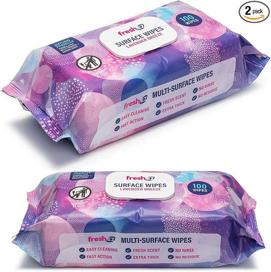 Multi-Surface Cleaning Wipes, 2 Packs x 100 Wipes, Thick No-Rinse No-Residue Surface Wipes for Kitchen, Bathroom, Glass, Stainless Steel, Granite, Wood & Plastic (Lavender Breeze)