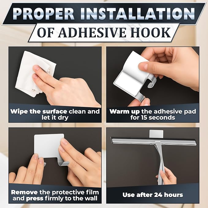 Shower Door Squeegee with Hook, 14" Silicone Blade, Steel (Silver) | Squeegee for Shower Glass with Adhesive Mount; All-Purpose Bathroom Tile, Mirror, & Window Wiper for Streak-Free Cleaning