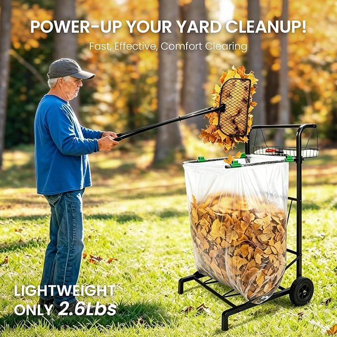 Leaf Grabber Rake with Long Handle - Heavy Duty Metal Leaves Collector & Yard Waste Picker Upper - Ergonomic Lawn Grabbers & Scoops for Grass, Debris, Twigs - No-Bending Yard Clean Up Tool