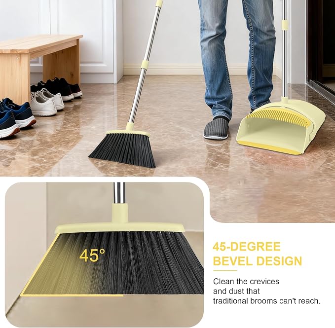 BSKLIN Broom and Dustpan Set for Home, 52" Long Handle Broom Set with Dustpan Teeth to Clean Hair Sweeping Indoor and Outdoor (Yellow)