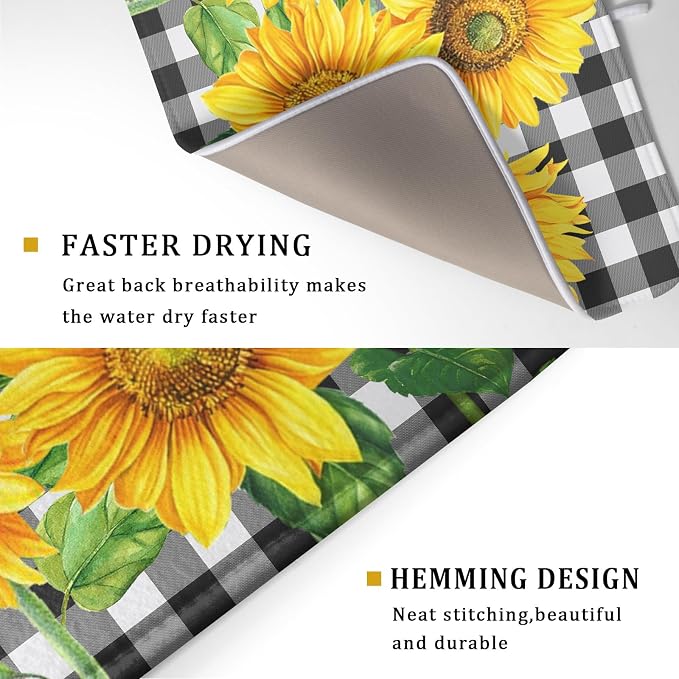 Sunflower Dish Drying Mat for Kitchen Counter Black White Buffalo Plaid Microfiber Absorbent Dish Draining Reusable Washable Foldable Extra Large 18"x24"