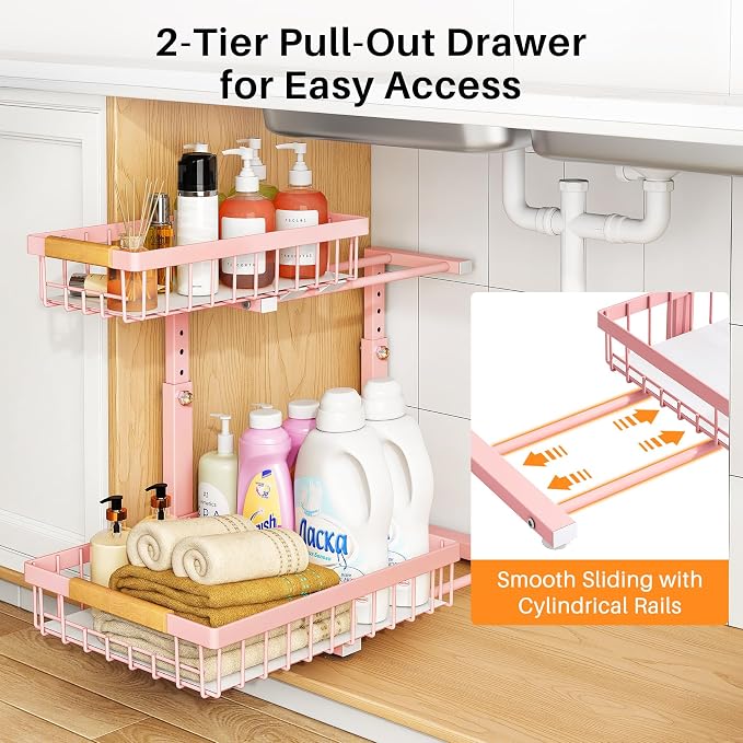 PXRACK Under Sink Organizer, Adjustable Height, 2 Tier Pull Out Under Cabinet Organizer, Slide Out Thickened Metal Under Sink Storage for Kitchen Bathroom Laundry Pantry Cabinet, Pink, Large-1-Pack
