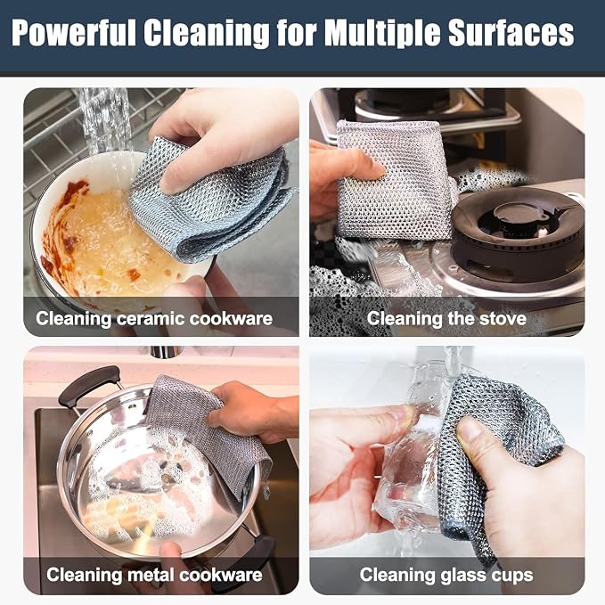 Navona 10 Pcs New Upgrade Steel Wire Dishcloth,Double-Layer Steel Wire Cleaning Cloth,Powerful Cleaning Non-Scratch Wire Dishcloth Rag for Cookware, Sinks, Dishes, Stove Tops