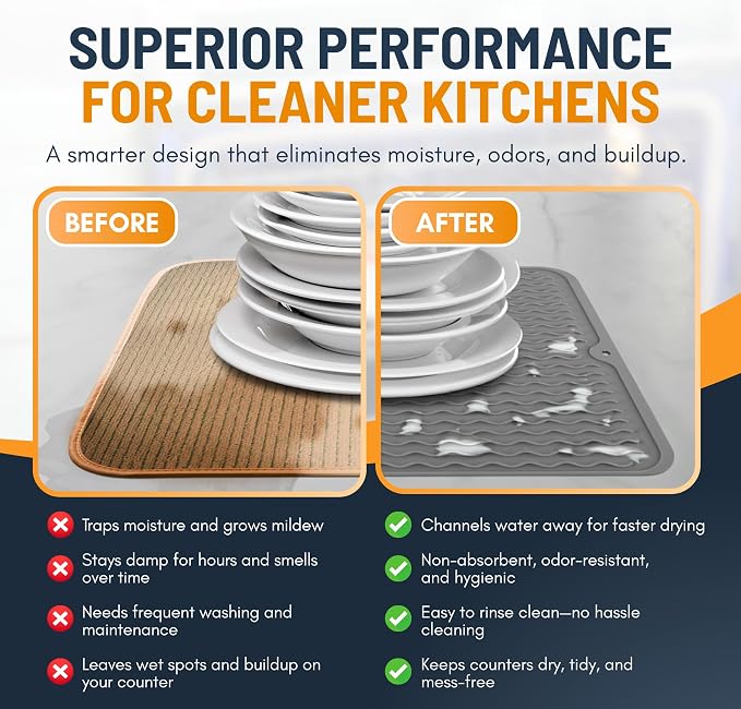 Silicone Dish Drying Mat for Kitchen Counter - Multi-Use 16 x 12 Inch Pad, Non-Slip & Heat-Resistant, Perfect Dish Drainer Mat by Linda’s Essentials, Ideal Kitchen Accessory (Gray)