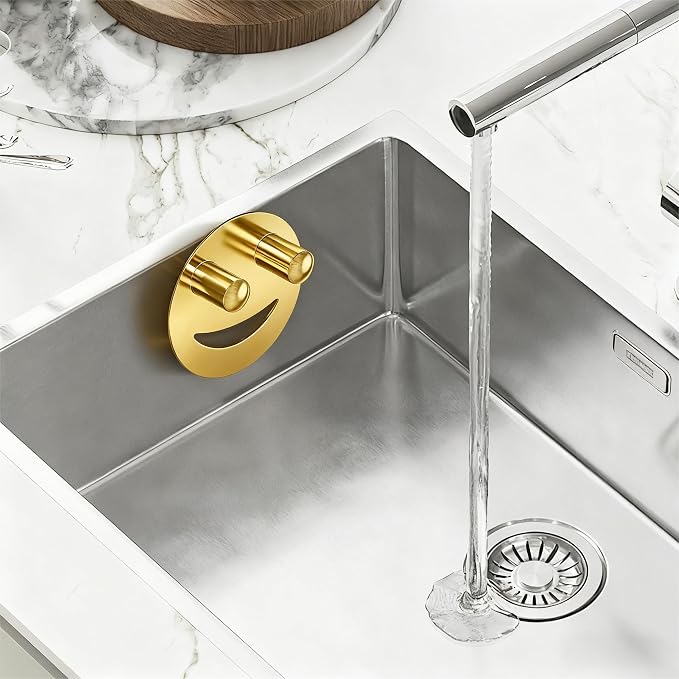 Yoshiky Stainless Steel Smiley Face Sponge Holder, Silver Sink Caddy Organizer Storage with Suction Cup for Kitchen, Kitchen Accessories Decor Scrubber-Gold