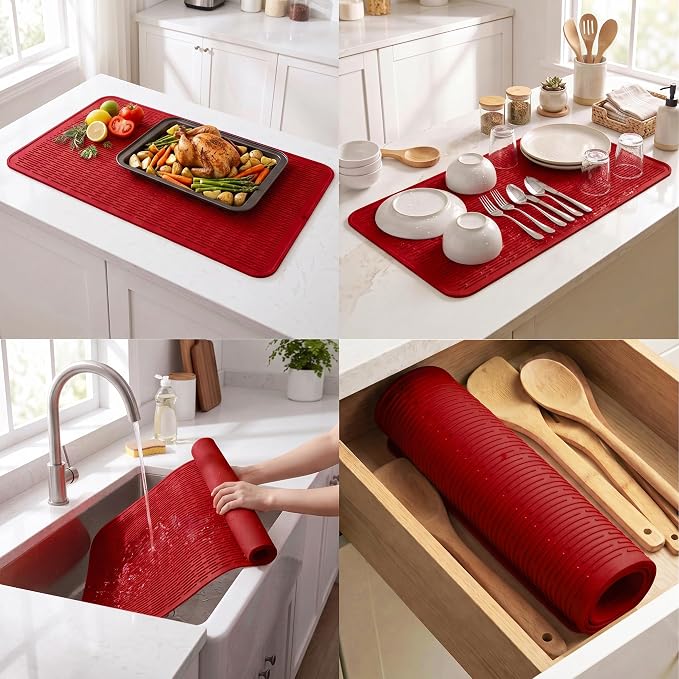 MicoYang Silicone Dish Drying Mat for Multiple Usage,Easy clean,Eco-friendly,Heat-resistant Silicone Mat for Kitchen Counter or Sink,Refrigerator or Drawer Liner Red 5XL 36inches x 18inches