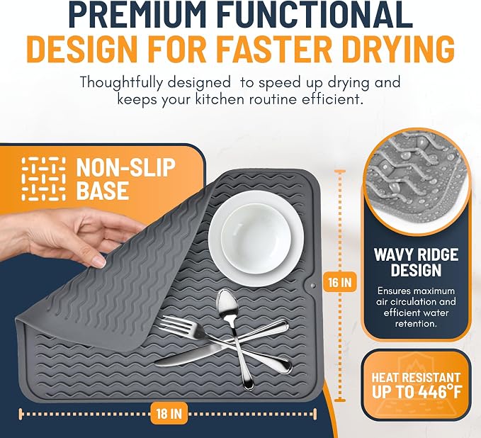 Silicone Dish Drying Mat for Kitchen Counter - Multi-Use 18 x 16 Inch Pad, Non-Slip & Heat-Resistant, Perfect Dish Drainer Mat by Linda’s Essentials, Ideal Kitchen Accessory (Gray)