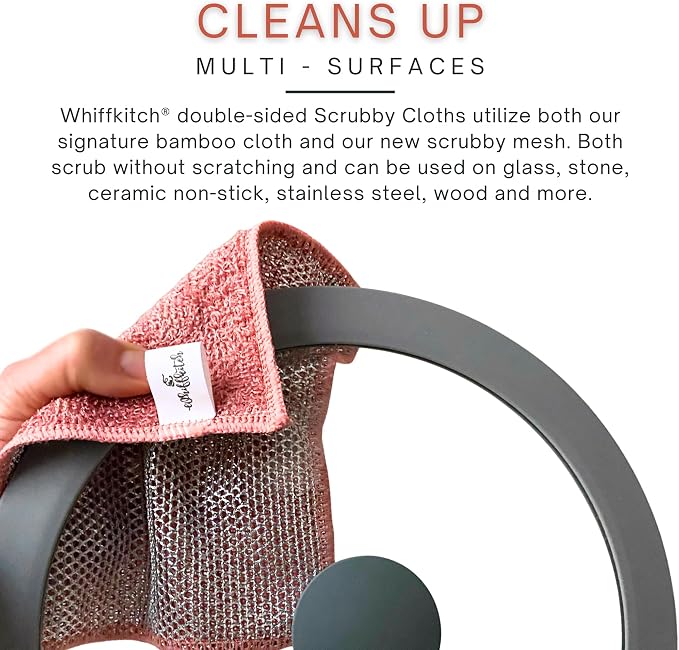 Whiffkitch® Scrubby Cloth – 6-Pack, Dishcloths, Dishrags for Kitchen and Household Cleaning 6x7, 2-Sided, Non-Scratch, Bamboo-Rayon, Scrub Mesh, Quick Dry, Washable, Reusable