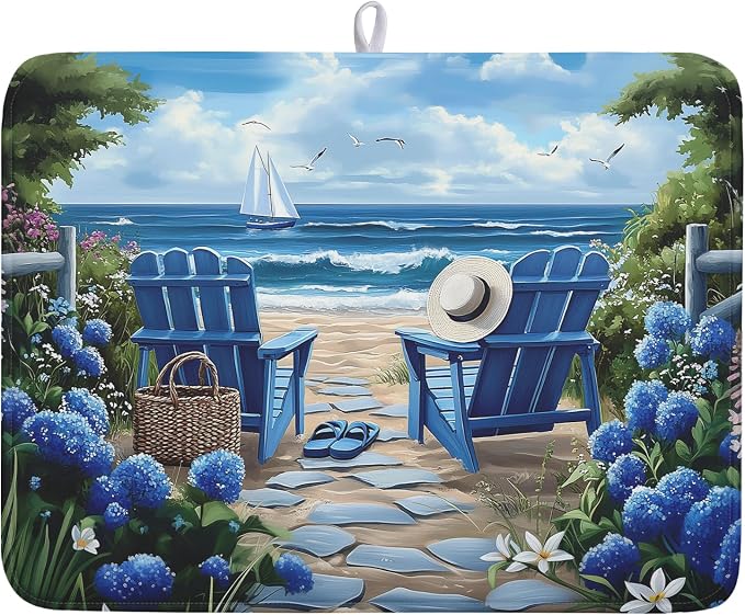 Summer Beach Dish Drying Mat 18x24 Inch Sea Shells Flowers Kitchen Mats Blue Microfiber Absorbent Dish Drainer Rack Mats Non-Slip Ocean Themed Sink Dishes Pad for Kitchen Counter Coffee Bar