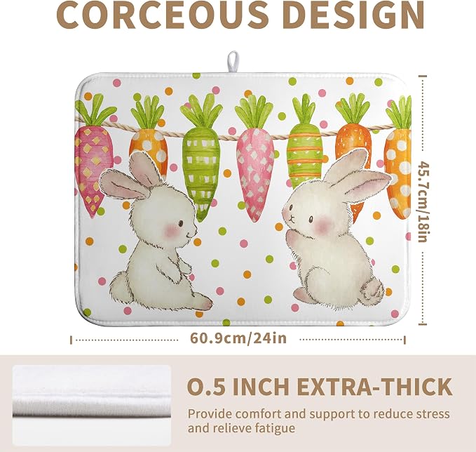 Easter Spring Dish Drying Mats Cute Bunny Dish Mat Easter colorful Carrots Drying Matt Dishes Dryer Pad for Kitchen Counter Absorbent Microfiber Washable Foldable Reusable 18x24 in