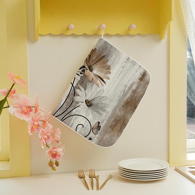 Floral Dish Drying Mat 18x24 Inches For Kitchen Counter Brown Daisy Flower Kitchen Decoration Drying Mat Modern Decorative Drying Pad For Home Kitchen Decor,Dining Room,Office Decor