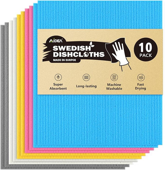AIDEA Swedish Dishcloths for Kitchen-10PK, Reusable Paper Towels 7" x 6" | Absorbent Sponge Dish Cloth, Dish Rags for Washing Dishes, Swedish Dish Towels for Home, Kitchen, Glasses Wipes