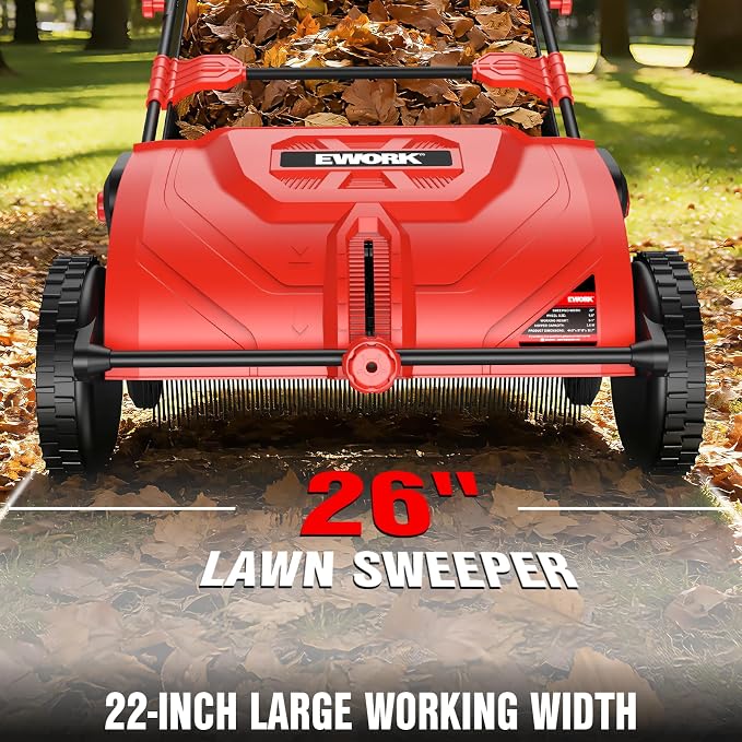 EWORK Push Lawn Sweeper, 26-INCH Leaf Sweeper for Lawn Push with 3.5 cu.ft.Hopper Bag, Adjustable Brush Height, Lightweight Walk Behind Lawnsweeper & Leaf Collector for Yard & Garden Clean