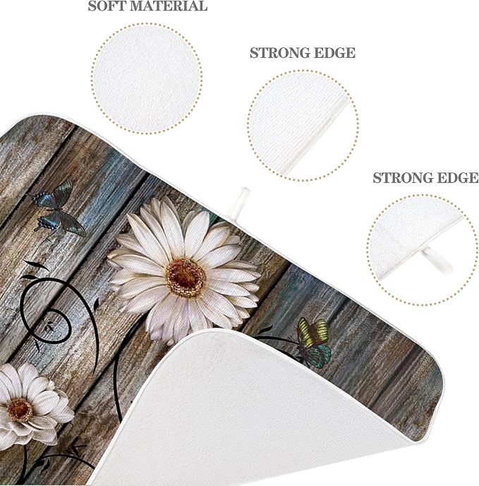 Brown Dish Drying Mat 18x24 Inches For Kitchen Counter Absorbent Daisy Floral Kitchen Decoration Spring Summer Flower Drying Mat Pad For Home Kitchen,Dining Room,Office Decoration