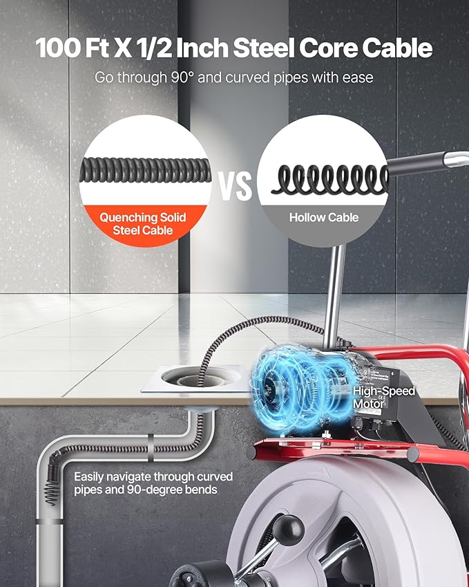 VEVOR Drain Cleaner Machine 100 FT x 1/2 Inch, Auto Feed Sewer Snake Drain Auger on Wheels, Portable Drain Cleaning Machine with 8 Cutters & Air-Activated Foot Switch for 2" to 6" Pipes