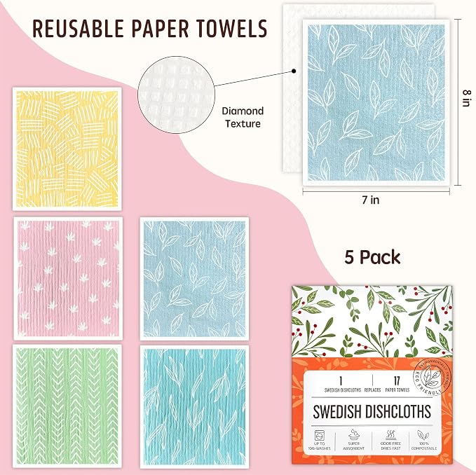 Swedish Dishcloths for Kitchen, 5 Pack Reusable Paper Towels Washable, Super Absorbent Swedish Dish Cloths, Non-Scratch, No Odor