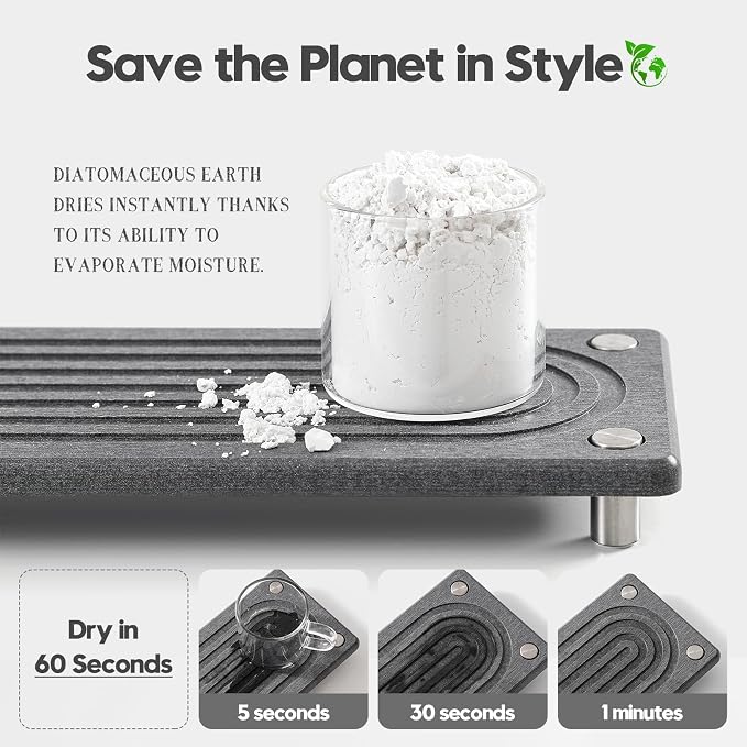 Razborci Water Absorbing Stone Sink Caddy Kitchen Sink Organizer Tray, Diatomite Bathroom Counter Tray, Faucet Drying Mat Coaster Soap Dish Rack Riser Dispenser Sponge Holder, Charcoal 10" x 4"