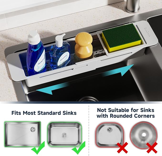 NiHome Extendable Over Sink Kitchen Organizer, Small Telescopic Brush Storage Rack for Sponge, Non-Slip Pads Expandable Sink Caddy, Adjustable Sponge/Brush Rack with Drainage Durable ABS (Gray)