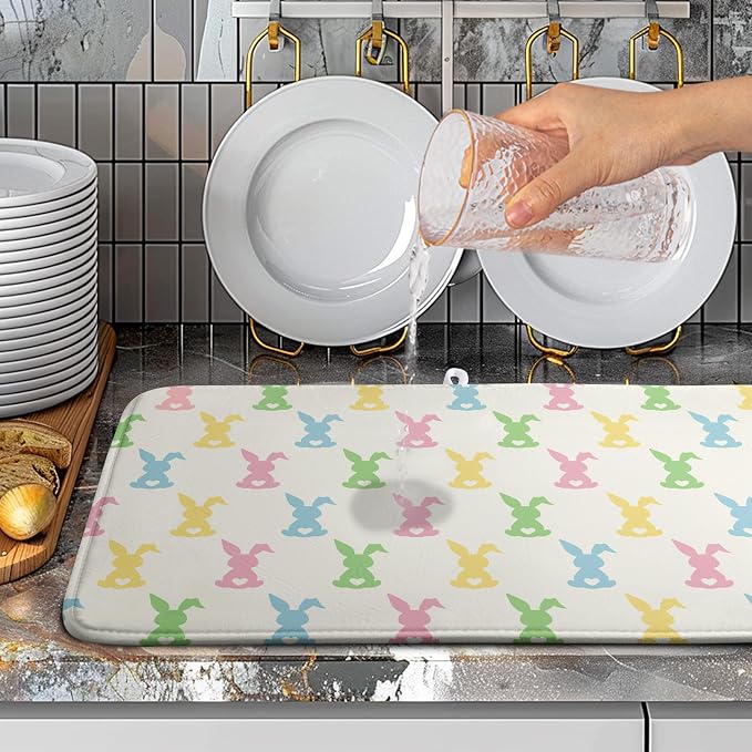 Easter Bunny Dish Drying Mat Colorful Cute Rabbits Kitchen Drying Mat Spring Microfiber Dish Dryer Pad Absorbent Reversible Dish Drainer Rack Mat Washable Dish Mat for Kitchen Countertop 18x24 Inch