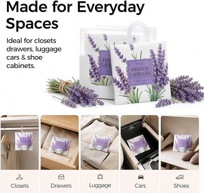 12 Pack Lavender Scented Sachets, Air Freshener for Home&Small Spaces | Hanging Sachet Bags with Retractable Hook; Closet Deodorizer & Odor Eliminator for Drawers, Shoe Cabinets, Cars & Luggage