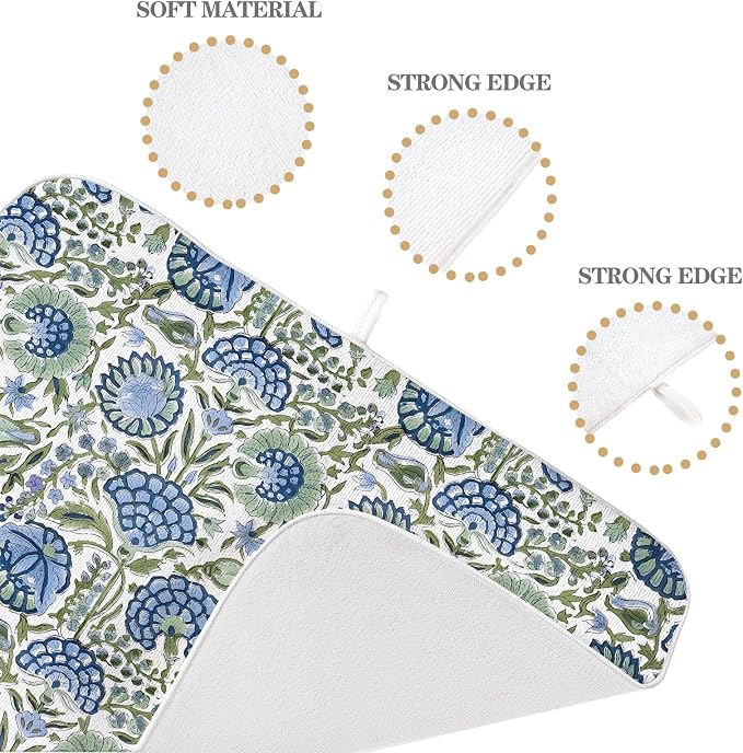 Boho Navy Blue Sage Green Dish Drying Mat 18x24 Inch Vintage Floral Drying Mat Chinoiserie Flower Spring Summer Absorbent Dish Drying Pad Dish Rack Drainer Mats for Kitchen Dining Counter