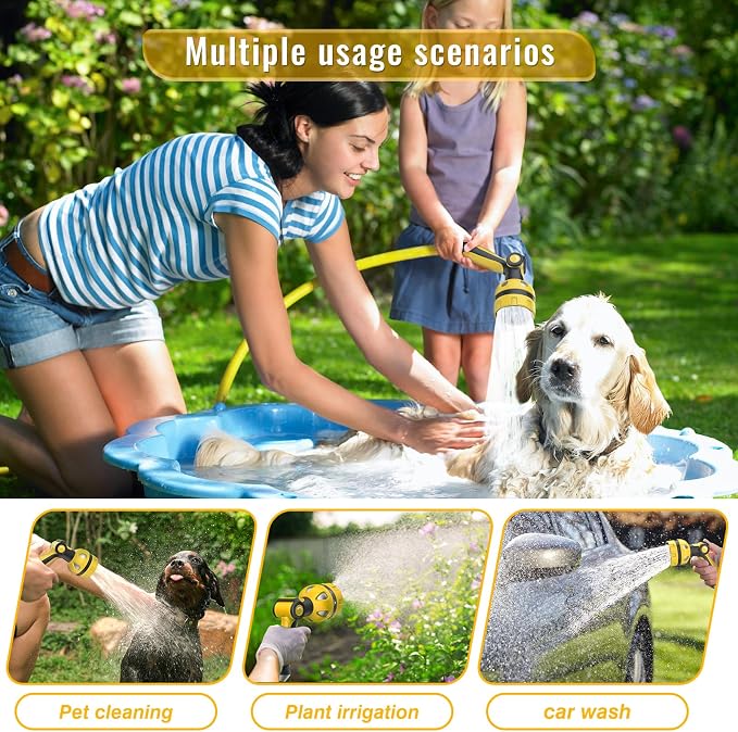 Garden Hose Nozzle, Heavy Duty Water Hose High Pressure Sprayer with 10 Watering Patterns, Thumb Control On Off Valve, for Watering outdoor Plants & Lawn, Car & Pet Washing（Yellow）