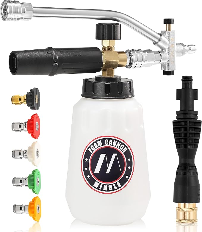 M MINGLE Foam Cannon Dual Connector Accessory for Pressure Washer Kit, Compatible with Portland Husky and Ryobi Pressure Washer, with 5 Nozzle Tips, 1/4 Inch Quick Connector